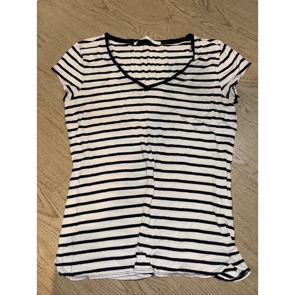 Max Studio Womens Black White Striped V-Neck Short Sleeve Top